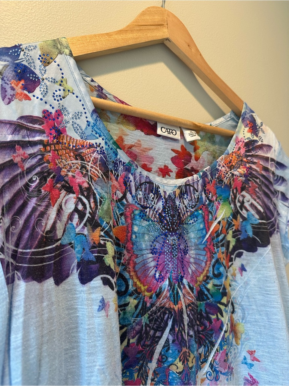 Cato Light Blue Short Sleeve Tee with Multicolor Butterfly Wings - Picture 4 of 7